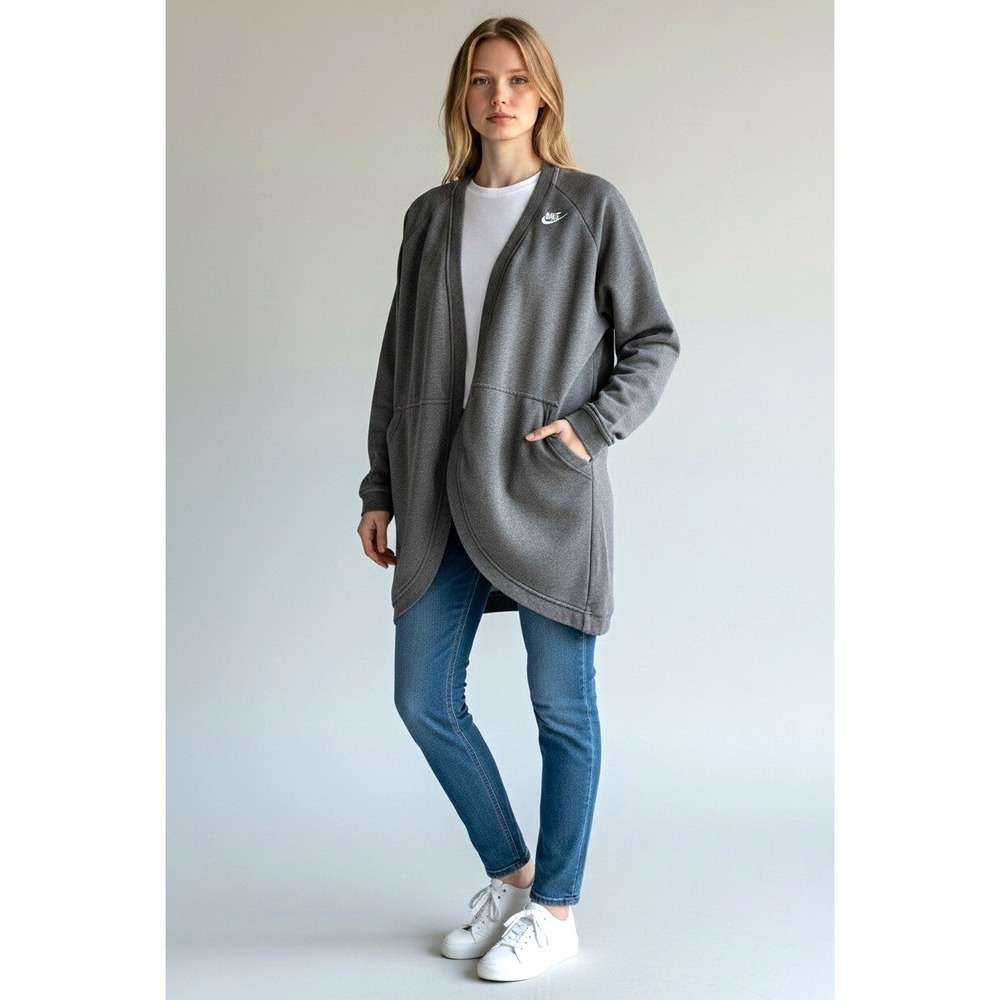 Nike Womens M Gray Fleece Logo Pockets Open Front V-Neck Raglan Cardigan #195